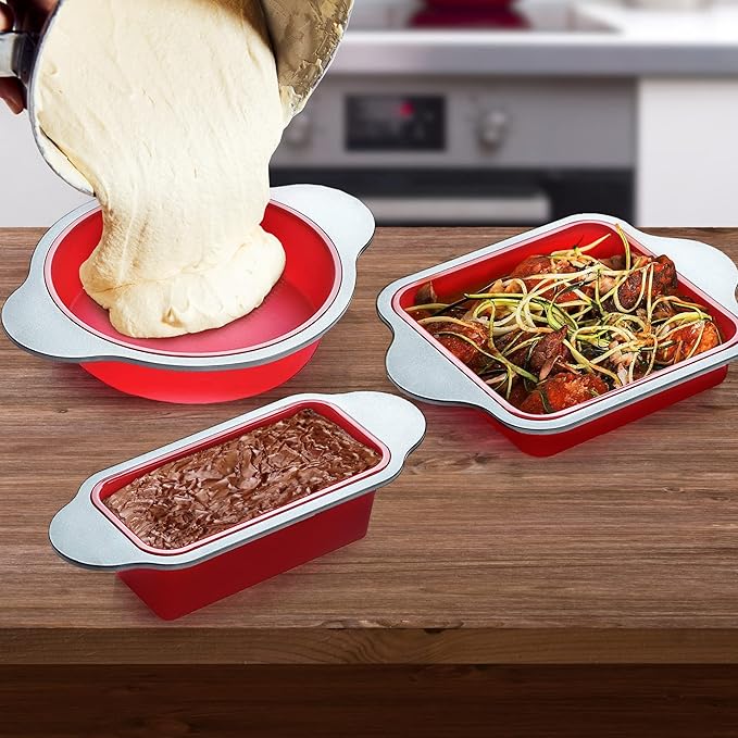 Boxiki Kitchen Silicone Baking Pans Set. 3 PCS Professional Non-Stick Baking Cake Pans Set includes Silicone Round Cake Pan, Square Cake Pan and Bread Loaf Pan.
