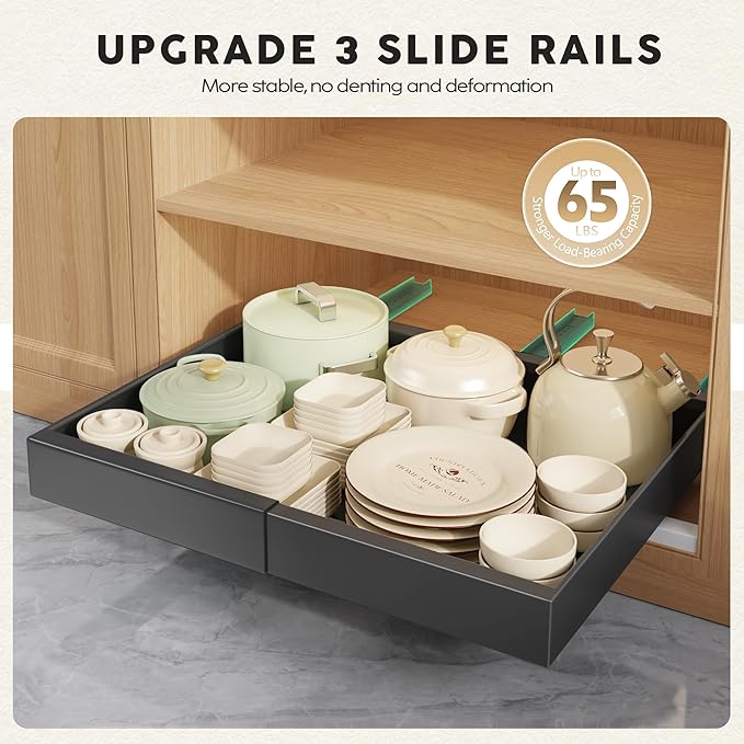 2 Pack Pull Out Cabinet Organizers 21"Deep with Raising Pad for Framed Cabinets,Expandable Slide Out Drawers Upgrade 3 Slide Rails,Roll Out Shelves Adhesive,Adjustable Width 12"-20.45" Black