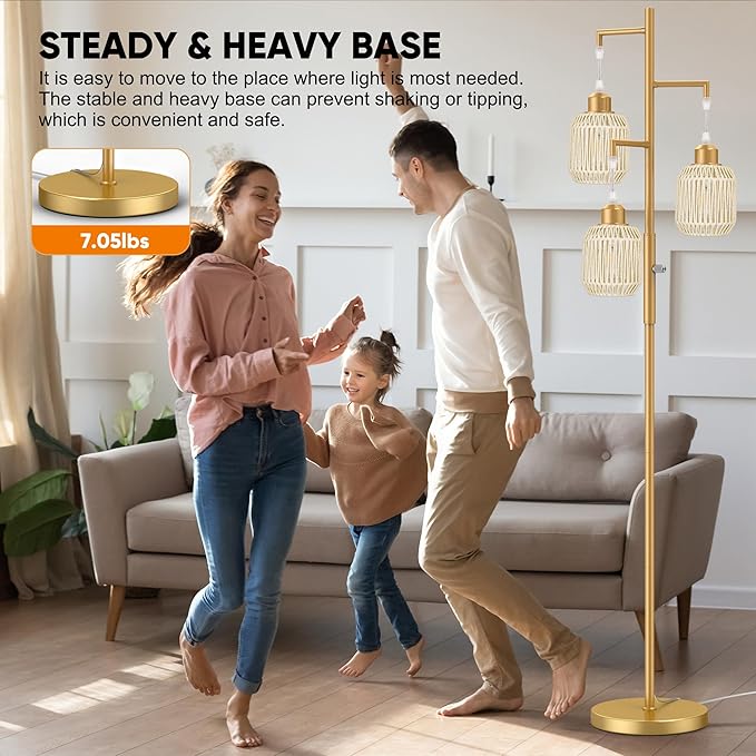 ROTTOGOON Dimmable Boho Floor Lamp - 3 Light Farmhouse Rattan Floor Lamp for Living Room, Industrial Tree Floor Lamps with 3 X 6W LED Bulbs, Rustic Standing Tall Lamp for Bedroom, 68", White