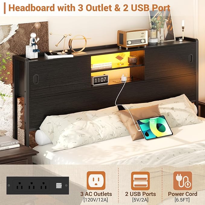 Homieasy Headboard for Queen Size Bed with Storage, Sturdy Bookcase Headboards with Outlet, USB & LED Light, Queen Size Headboard Only, Head Board with Sliding Doors & Bed Adapter for Bedroom, Black