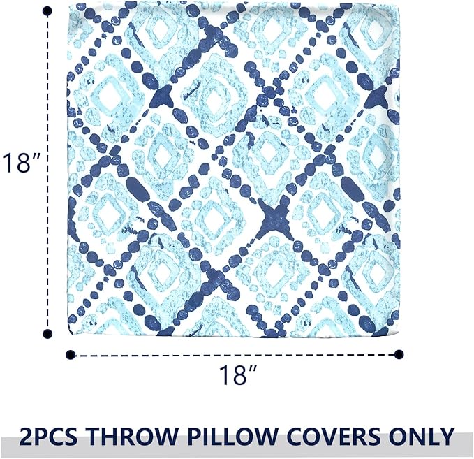 Outdoor Throw Pillow Covers 18”x18”, Decorative Pillow Covers for Patio Furniture, Modern Cushion Cases for Garden Couch Home Sofa Bed Office Chair, Pack of 2, Boho Geometry Blue