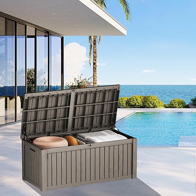 180GAL Brown Versatile Outdoor Deck Box – Waterproof, SGS - Tested UV Protection, Fits Various Storage Needs: Pool Accessories to Gardening Supplies