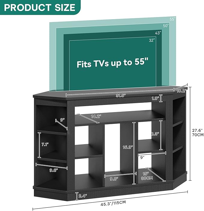 YITAHOME CornerTV Stand for 55 Inch TV, Modern Black TV Stand with Wheels for PS5, LED Gaming Entertainment Center with Power Outlets, Gaming TV Console Cabinet, Black Carbon Fiber