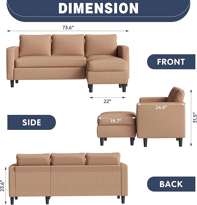 Shintenchi Small Sectional Couch Sofas, 3 Seat L Shape Sofa with Ottoman, Fabric Upholstered Convertible Sofa Couches, Small Couch for Apartments, Living Room and Office (Brown)