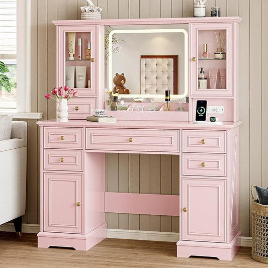 Vanity Desk with Lights, Large LED Mirror with 3 Color Modes, Makeup Vanity with Power Outlet & USB Ports, 6 Drawers & 2 RGB Glass Cabinets, Farmhouse Dressing Table for Women & Girls (Pink)