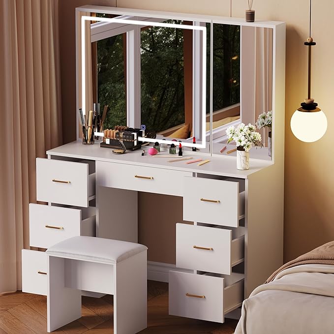Vanity Desk with Mirror and Lights, Large Storage Makeup Vanity with 7 Drawers, White Vanity Desk Table with Side Glass Cabinet, Adjustable Brightness Vanity Set with Stool for Dressing Room