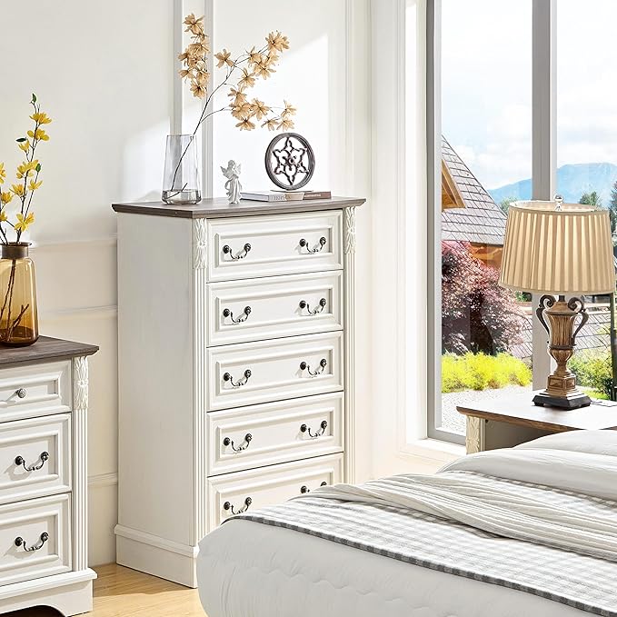 Modern 5 Drawer Dresser, Dressers for Bedroom, Wood Rustic Tall Chest of Drawers with Carved Wood Pilasters, Farmhouse Dressers Organizer for Bedroom, Hallway, Antique White