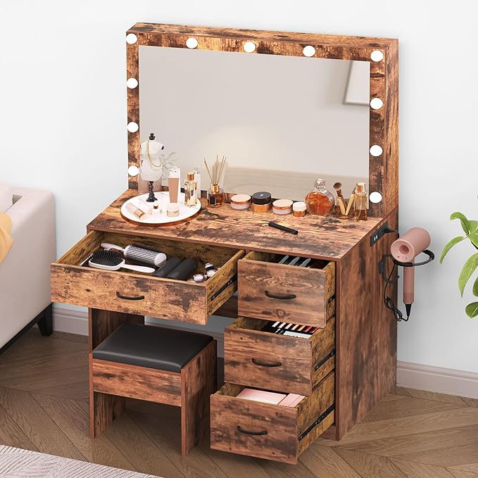 YITAHOME Makeup Vanity with Lighted Mirror, Vanity Desk with Power Outlets & Storage Drawers, Vanity Set with Stool for Dressing Area