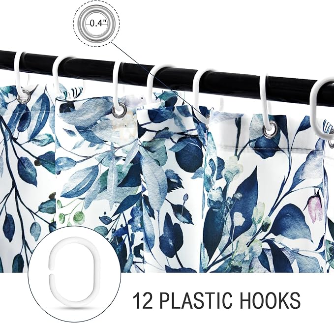 Gibelle Blue Eucalyptus Shower Curtain, Watercolor Plant Leaves with Floral Bathroom Shower Curtain Set with Hooks, 72x72