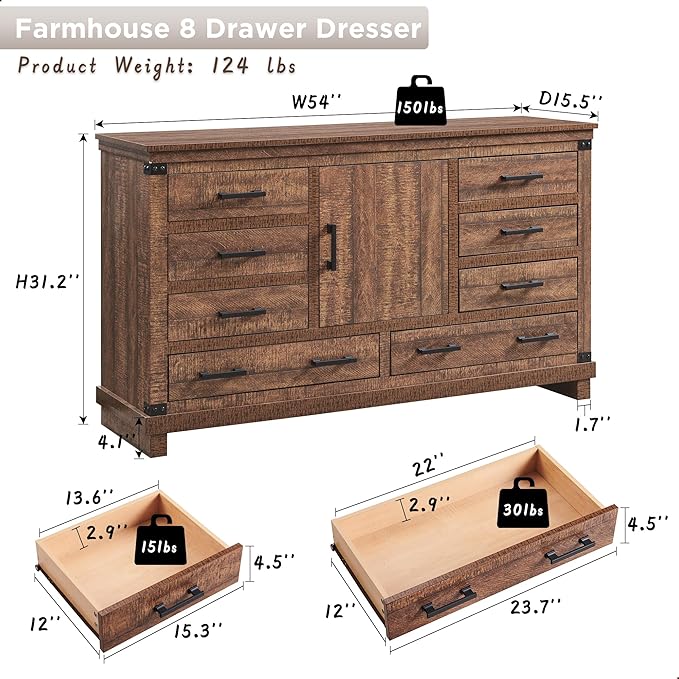 RedLemon Farmhouse 8 Drawers Dresser for Bedroom, Wood Large Chest of Drawers with Thick Plank, Rustic Dresser for Bedroom, Living Room, Reclaimed Barnwood Color