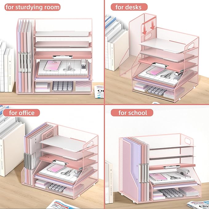 SUPEASY Desk Organizer with File Holder, 5-Tier Mesh Paper Letter Tray with Magazine Holder, Desktop Organizer and Storage for Desk Accessories Office Supplies, Pink