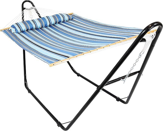 Sunnydaze Double Quilted Fabric Hammock with Universal Steel Stand - 450-Pound Capacity - Black Stand - Misty Beach