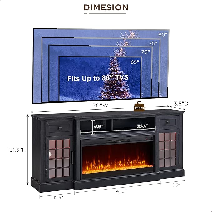 JXQTLINGMU Fireplace TV Stand for 80 Inch TV, Farmhouse Highboy Entertainment Center w/LED Lights & 36" Electric Fireplace, Large Media Console w/Glass Door Cabinet & Storage Drawer, Black