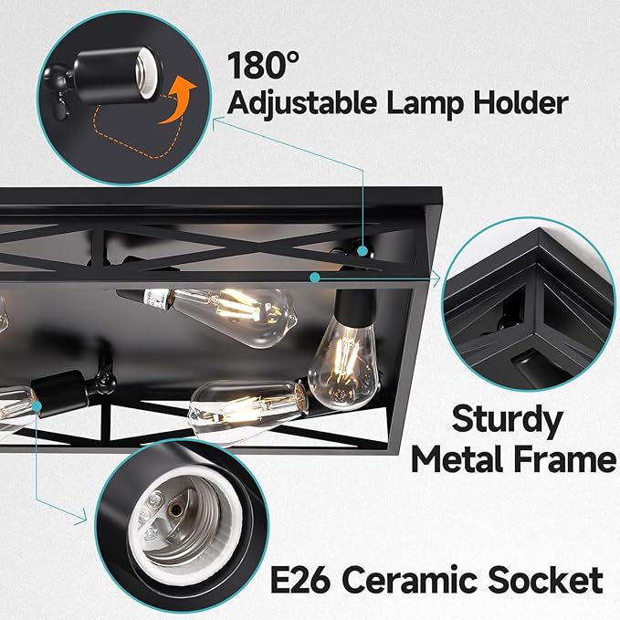 Flush Mount Ceiling Light Fixture,6-Light Black Farmhouse Flush Mount Light Fixture Kitchen Lights, 23" Metal Cage Closed to Ceiling Mounted Lights for Kitchen Hallway Entryway E26 Base