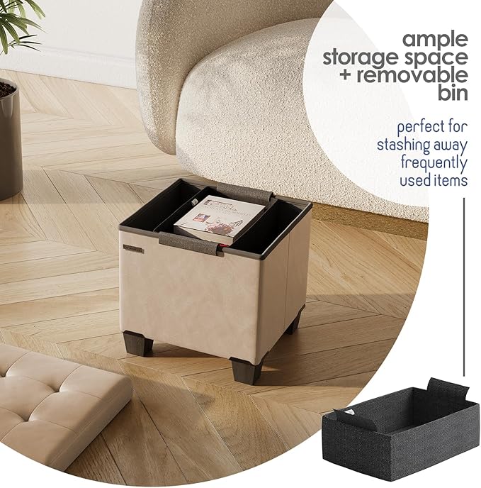 STORAGEBUD Storage Ottoman Cube with Small Bin, 16-in Square Ottoman with Storage for Living Room and Bedroom, Small Ottomans Foot Rest, Faux Leather Foot Stools Ottomans Max 330lbs, Taupe