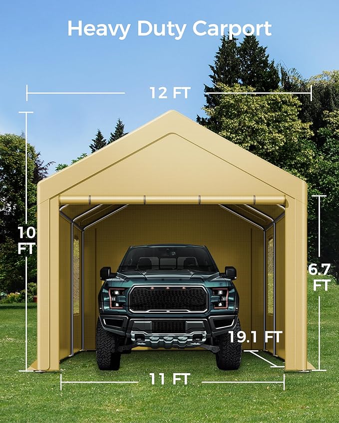 Carport, 12 x 20 FT Portable Garage Heavy Duty, Carport Canopy with Sidewalls Roll-Up Door & Windows, Car Port Canopy Tent Reinforced with Extended Skirt for Truck, Boat, Car Shed (Khaki)