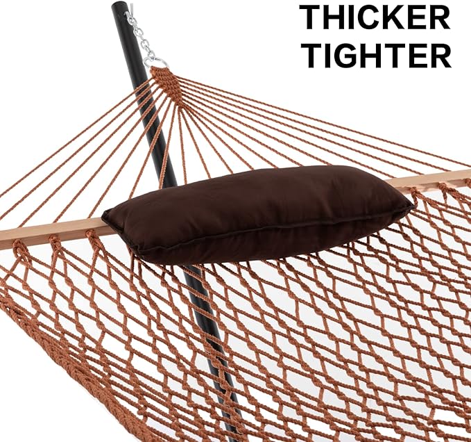 PNAEUT Double Hammock with Stand for Outside, Rope Hammocks with Hardwood Spreader Bar 2 Person, 12ft Heavy Duty Stand, Extra Pillow, Max 475 lbs Capacity (Mocha)