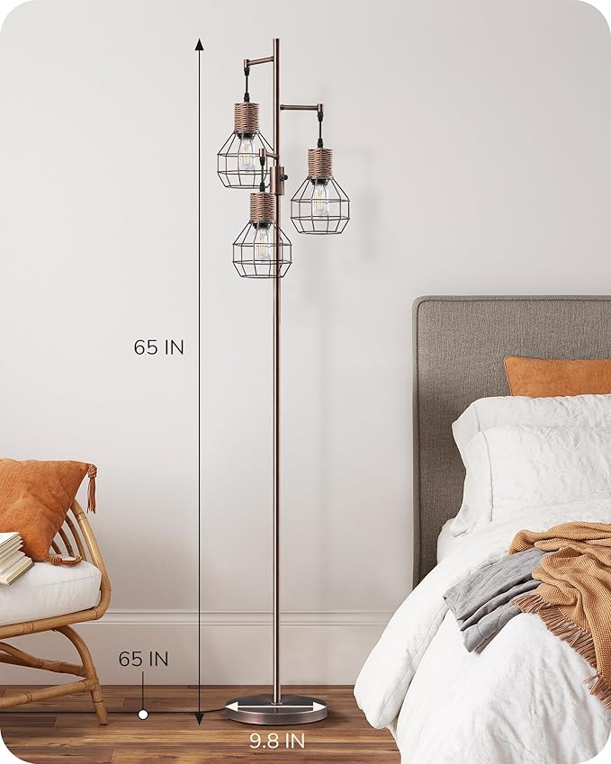 EDISHINE Dimmable Rustic Floor Lamp, Farmhouse Standing Lamp with 3 LED Edison Bulbs, Rattan Design Floor Lamps for Living Room, Bedroom, Reading Corner, Office, Electroplated Brushed Red Copper