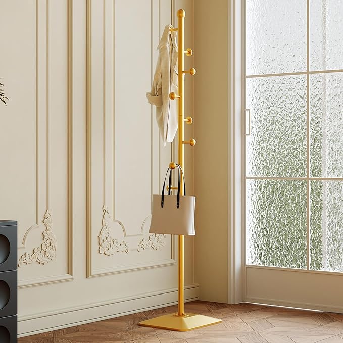 Gold coat rack,Metal coat hanger stand,Coat Tree freestanding Heavy duty with 8 Hooks and Cast iron base for coats,Hat,scarf,jacket,purse