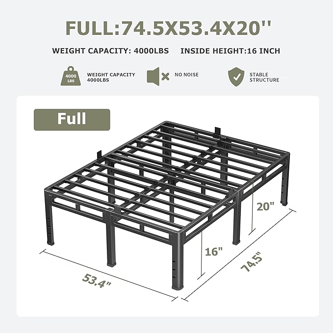 NKZ Full Size Bed Frame 20 Inch, Metal Bed Frame & Box Spring 2 in 1 Platform with Round Corner Legs, 4000lbs Weight Capacity Reinforced Metal Frame, Headboard Hole, Noise-Free, Easy Assembly