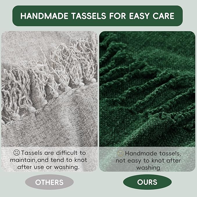 BATTILO HOME Chenille Knit Throw Blanket for Couch, Soft Cozy Dark Green Knit Throw Blanket with Fringe, Lightweight Throw Blanket for Home Decoration, 50"x60"