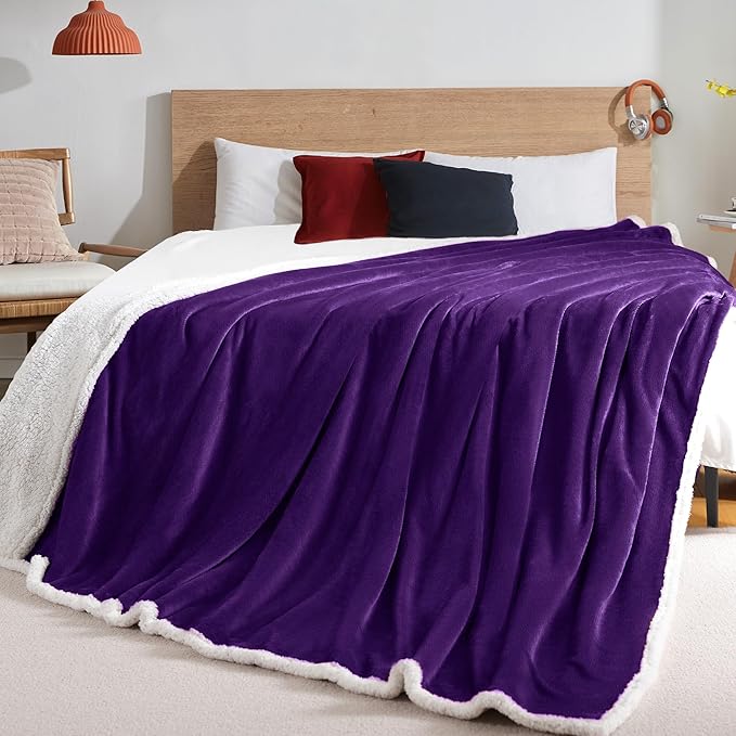 BEAUTEX Sherpa Fleece Throw Blankets, Soft Fluffy Flannel Plush Blanket and Throw, Fuzzy Cozy Purple Cuddle Blankets for Couch Bed Sofa Adults (50" x 60", Purple)