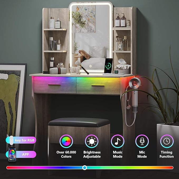 Small Vanity Desk with Mirror and Lights, Makeup Vanity with LED Lights, Grey Vanity Mirror with Lighted Desk and Chair, 3 Lighting Adjustable Compact Dressing Table with Mirror for Women, Girls
