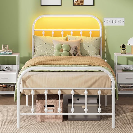 WLIVE Twin Bed Frames with Storage, Twin Bed Frame with LED Lights and Charging Station, Metal Platform Bed Frame with Headboard, White