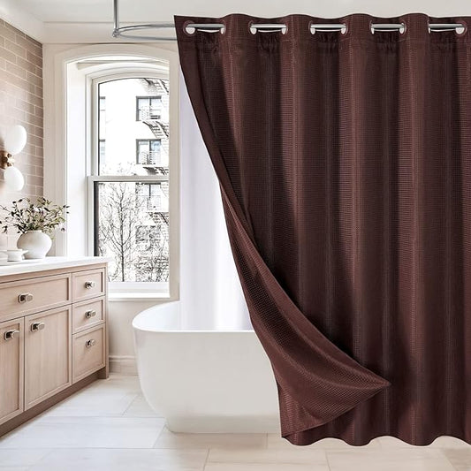 MitoVilla Brown Waffle Long Shower Curtain 72 x 80, No Hooks Needed 80 inch Long Heavyweight Fabric Shower Curtain Set with Snap-in Liner for Hotel Grade Spa-Like Bathroom Decor