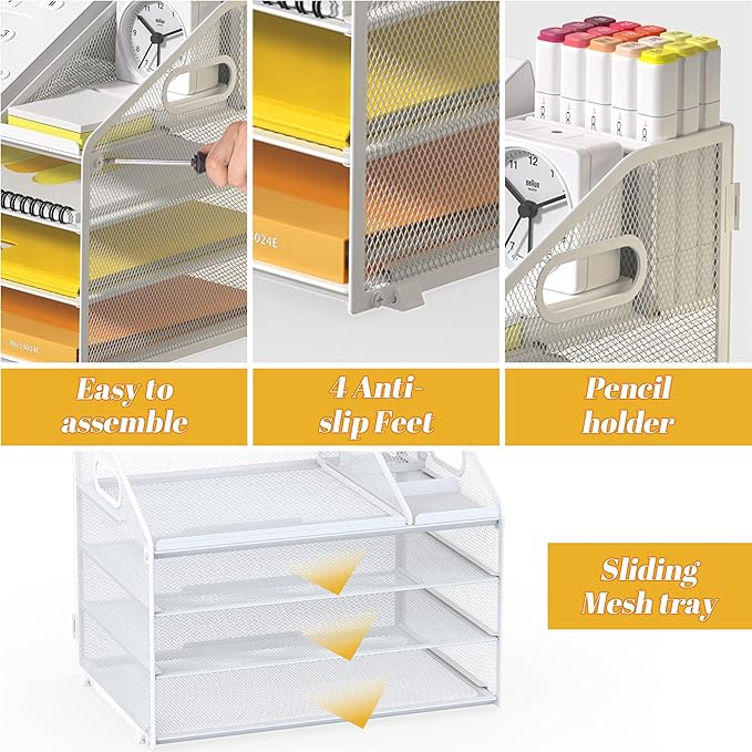 Letter Tray Paper, 4 Tier Desk Organizer with Pen Holder and Handle, Mesh File Organizer Paper Sorter Metal Desktop Document Shelf for Office Home Classroom - White
