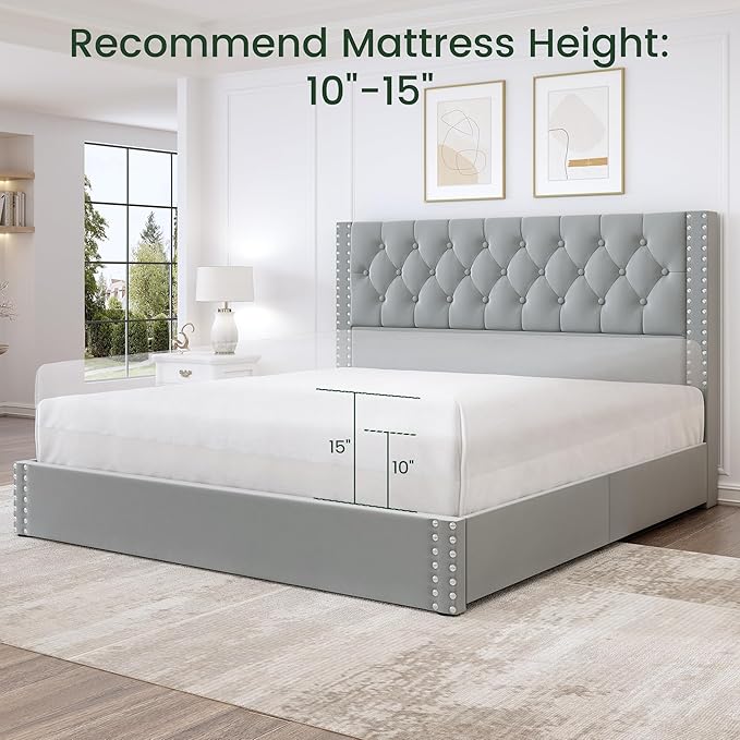 King Size Bed Frame with 4 Storage Drawers and Tufted Headboard Velvet Upholstered Platform Bed Frame with Heavy Duty Wood Slats, No Box Spring Needed, Easy Assembly, Bluish Grey