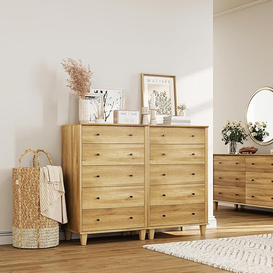 10 Drawer Dresser for Bedroom, 2 in 1 Tall Modern Chest of Drawers, Beveled Profile Design, Wood Drawer Organizer for Bedroom, Living Room, Hallway and Entryway,Oak