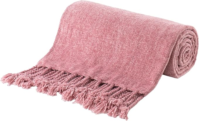 BATTILO HOME Chenille Throw Blanket for Couch, Soft Cozy Throw Blanket with Fringe Tassels, Lightweight Knitted Throw for Spring Summer, Pink, 50"x60"
