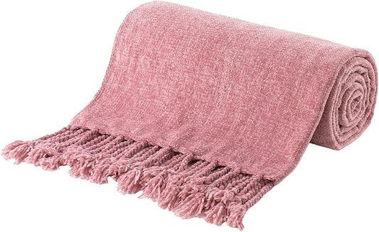 BATTILO HOME Chenille Throw Blanket for Couch, Soft Cozy Throw Blanket with Fringe Tassels, Lightweight Knitted Throw for Spring Summer, Pink, 50"x60"