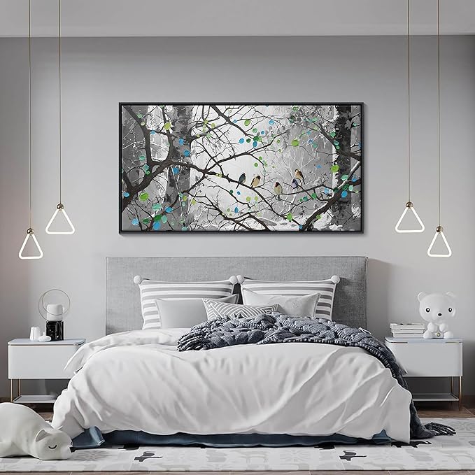 Grey Wall Art Bird on Branch Misty Forest Canvas Artwork Modern Framed Canvas Painting Decorative Wall Art Home Decor Can Be Hung Directly Dining Room Living Room Bedroom Office Size 24x48 Inches