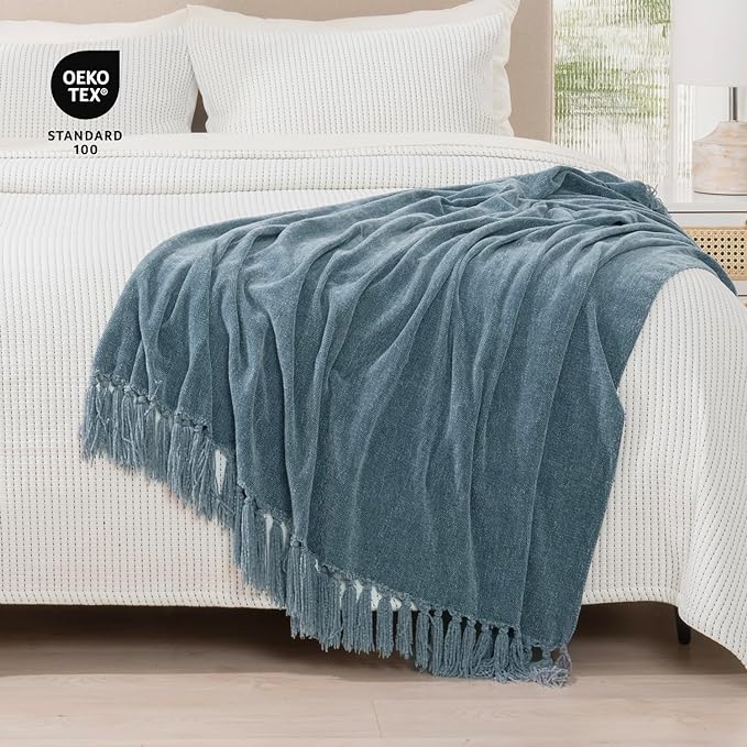 RECYCO Throw Blanket Soft Cozy Chenille Throw Blanket with Fringe Tassel for Couch Sofa Chair Bed Living Room Gift (Dusty Blue, 60'' x 80'')