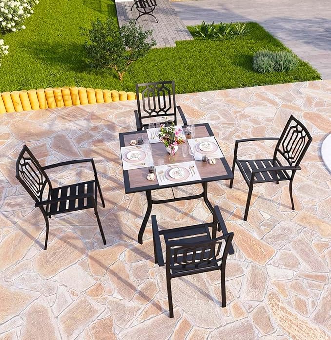 PHI VILLA Patio Wood-Like 37 inch Square Dining Table and Bistro Chairs Furniture Set of 5