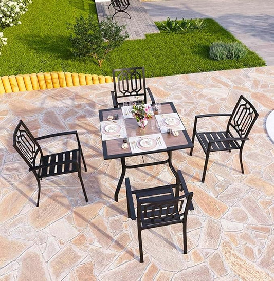 PHI VILLA Patio Wood-Like 37 inch Square Dining Table and Bistro Chairs Furniture Set of 5