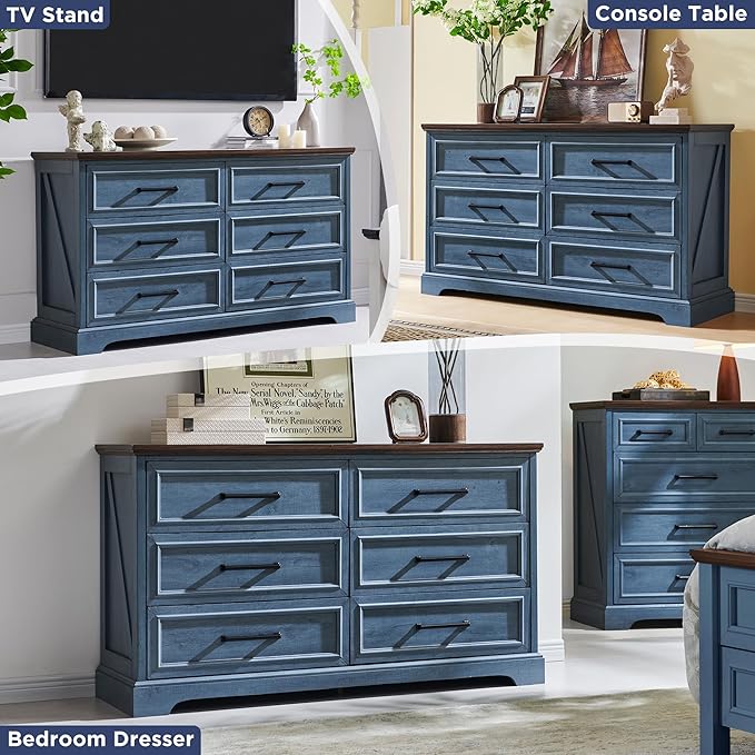 Farmhouse 6 Drawer Dresser for Bedroom, 52 Inch Wide Modern Dresser TV Stand with Large Drawers & Bar Handles, Rustic Wood Chest of Drawers for Bedroom, Living Room, Hallway, Blue