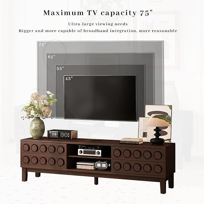 70" Modern TV Stand, Entertainment Center for Tvs up to 75", Unique Circular Design, TV Media Console with 4 Drawer & Open Storage for Living Room (Walnut)