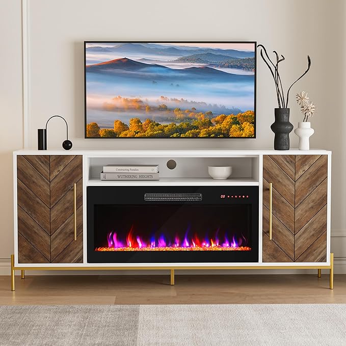 BELLEZE 68" Wood TV Stand with 36" Electric Fireplace, Entertainment Center with Storage Cabinet, Console Table for TVs up to 75 Inches, for Living Room, Bedroom - Harper (White Ebony)