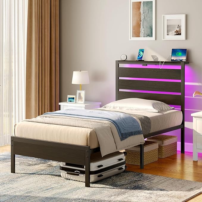 Rolanstar Bed Frame Twin Size with USB Charging Station, LED Bed Frame with Wood Storage Headboard, Black Metal Platform Bed with Under Bed Storage, No Box Spring Needed, Noise Free