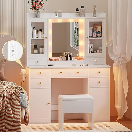 Vanity Desk with Mirror and Lights, White Vanity Mirror with Lights Desk and Chair & Charging Station, Makeup Vanity Desk with Lights for Women Bedroom 3 Color Modes Adjustable