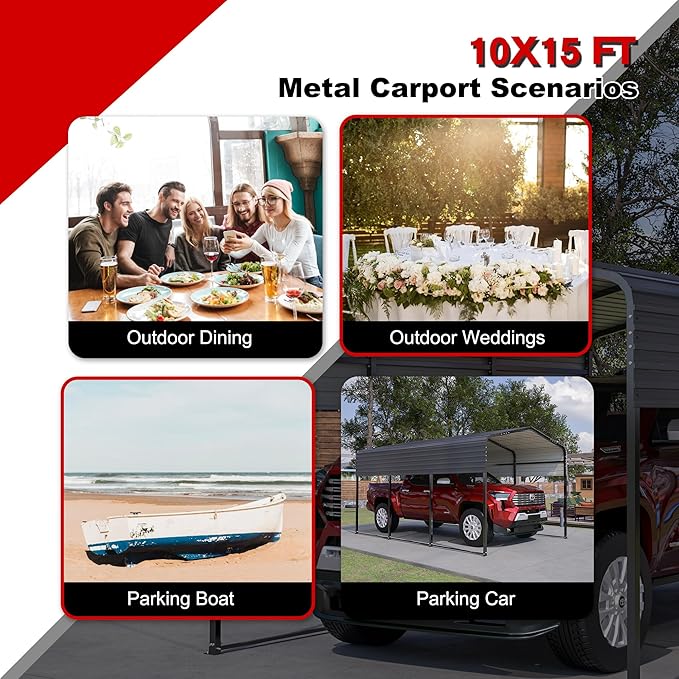 Metal Carport Kit 10x15 FT Heavy Duty Galvanized Garage Shed for Car Truck Boat Outdoor All Weather Sunshade Car Shelter with Enhanced Base Sloped Top (Black)