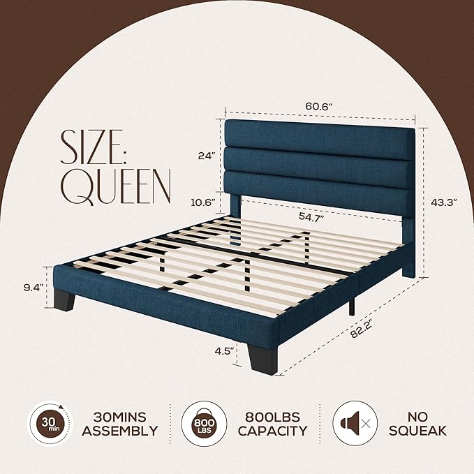 WEEWAY Queen Bed Frame Platform Bed with Linen Fabric Upholstered Headboard and Wooden Slats Support, Heavy Duty Mattress Foundation, No Box Spring Needed, Easy Assembly, Navy Blue