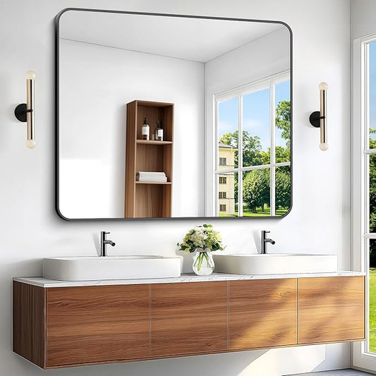 BONEWEI Black Bathroom Mirror,40x48 inch Wall Mirror for Bathroom Wall Mounted,Rectangle Mirror for Bathroom Over Sink,Modern Frame Round Corner for Living Room,Bedroom Entryway,Horizontal/Vertical