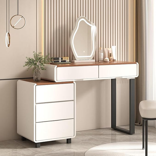 Vanity Desk with Mirror and LED Lights| Small Makeup Table with 5 Drawers and Adjustable Storage Cabinet| Modern Space-Saving Dressing Table for Bedroom(Walnut Top with White Base)