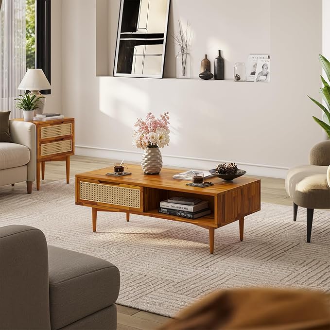 Bme Oliver Coffee Table, Mid Century Modern Coffee Table, Side Table with Storage, 2 Drawers & Open Compartments, Solid Wood Legs with Adjustable Levelers, Rattan Accent for Living Room, Caramel