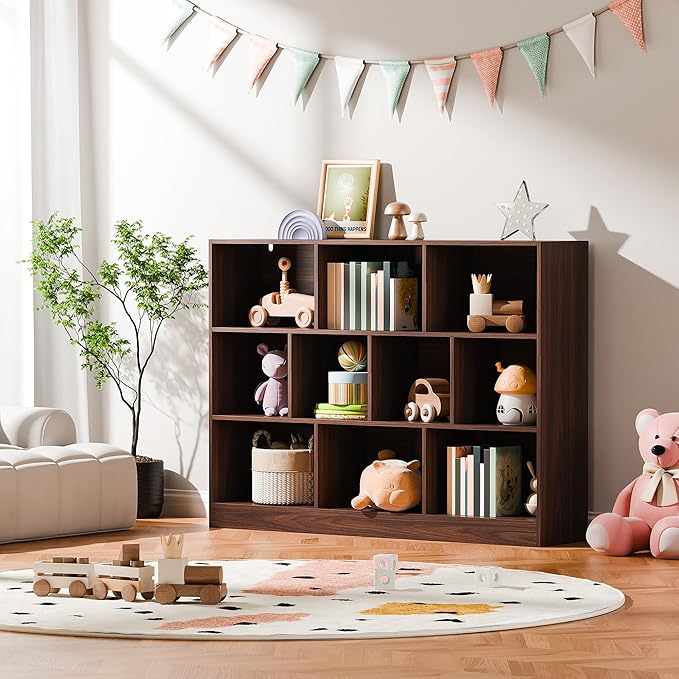 Cozy Castle Brown Bookshelf, 3-Tier Open Shelf Bookcase, 10 Cube Storage Organizer with Anti-Tilt Device for Bedroom, Living Room, 55.11" W x 11.61“D x 40.94“H
