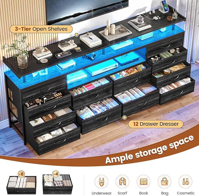 12 Drawers TV Stand Dresser for 65/70 inch TV, Entertainment Center with LED Lights & Power Outlets, 63" Large LED TV Stand, TV Console for Bedroom